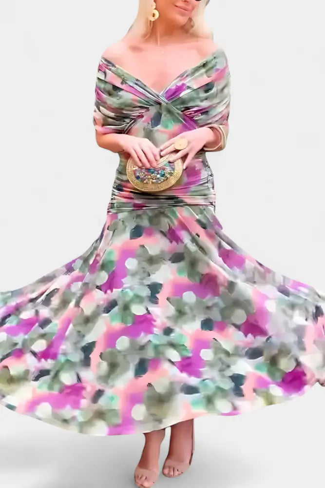 Abigail | Long Floral V-Neck Dress - Dress