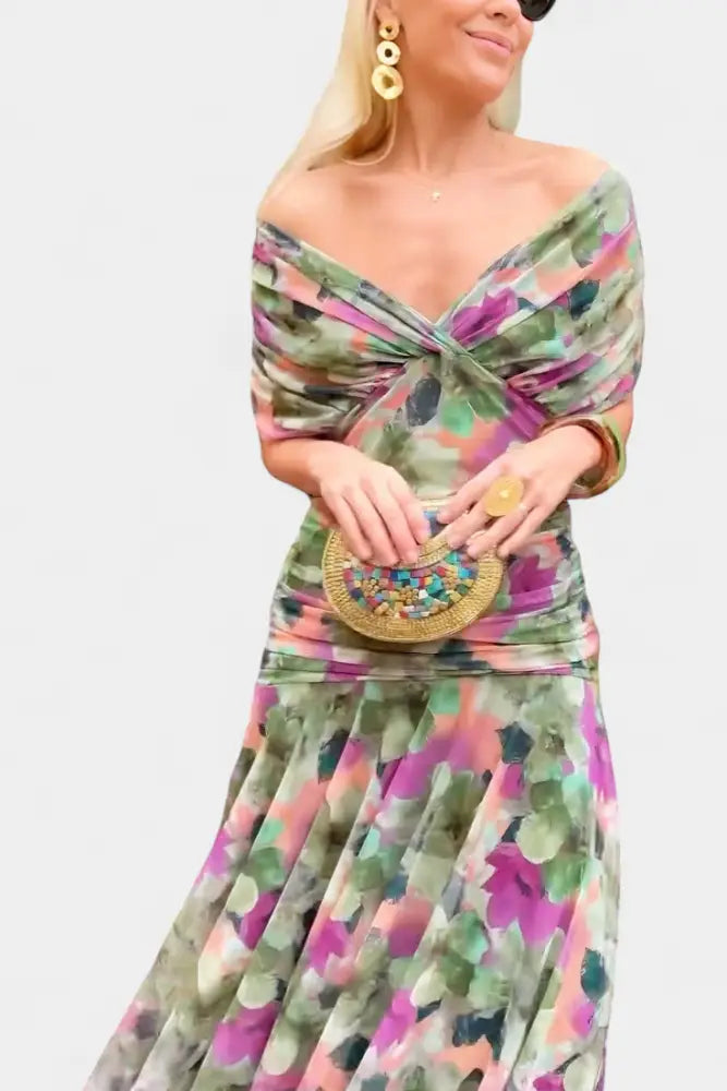 Abigail | Long Floral V-Neck Dress - Green and Purple / S - Dress