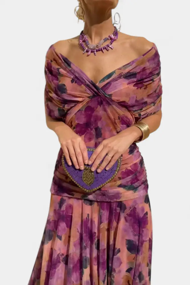 Abigail | Long Floral V-Neck Dress - Purple / S - Dress