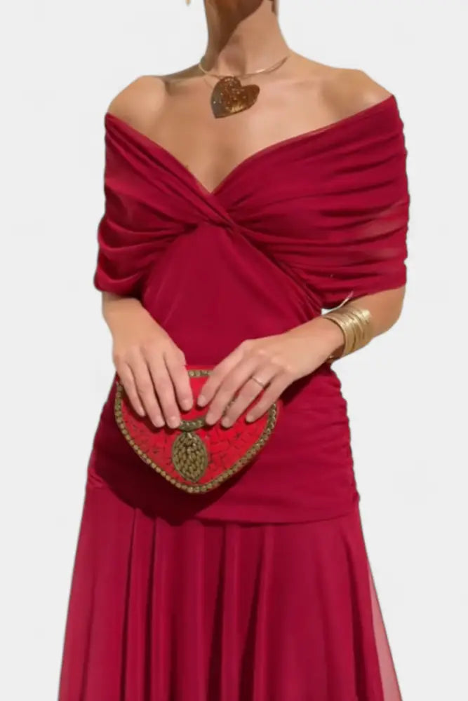 Abigail | Long Floral V-Neck Dress - Red / S - Dress