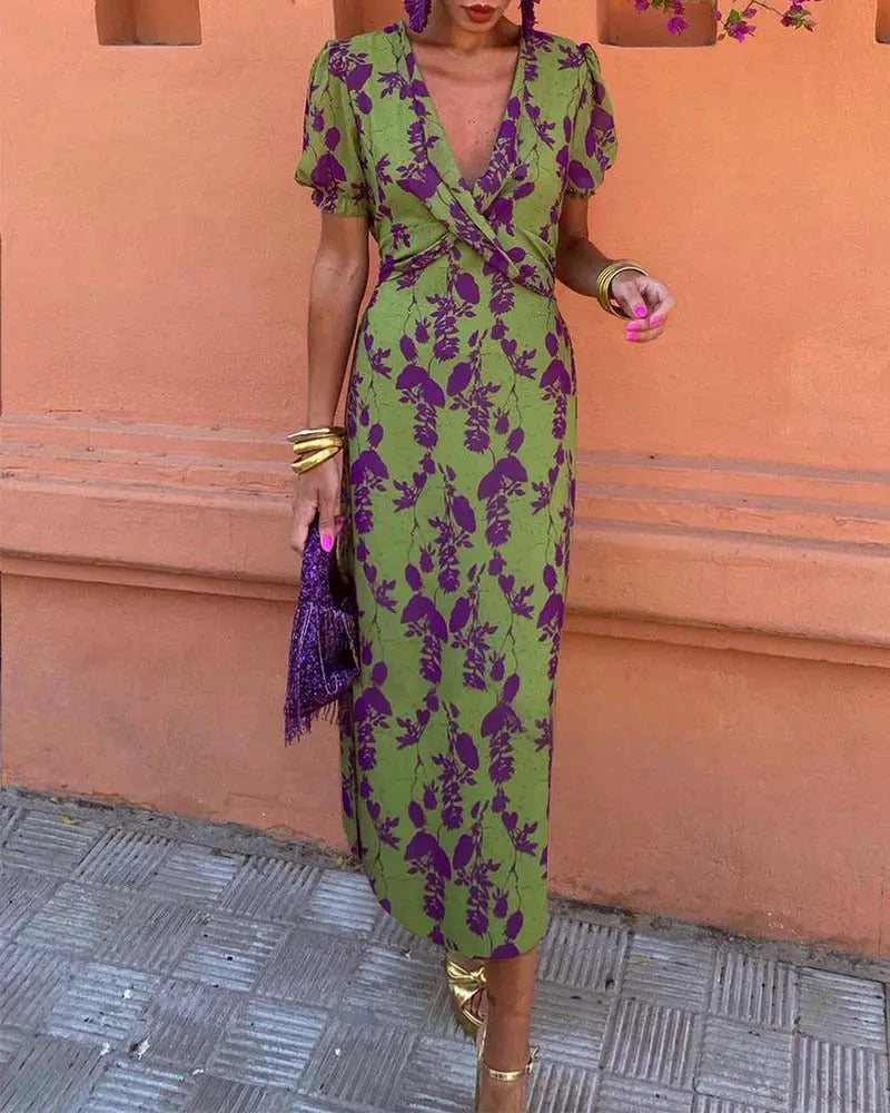 Angelina - Stunning V-Neck Midi Dress - V-Neck Midi Dress