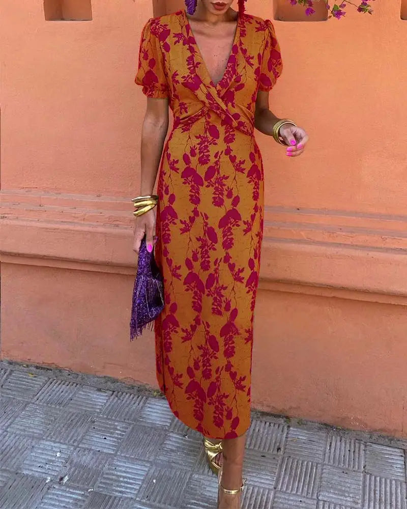 Angelina - Stunning V-Neck Midi Dress - V-Neck Midi Dress