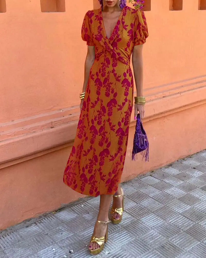 Angelina - Stunning V-Neck Midi Dress - V-Neck Midi Dress