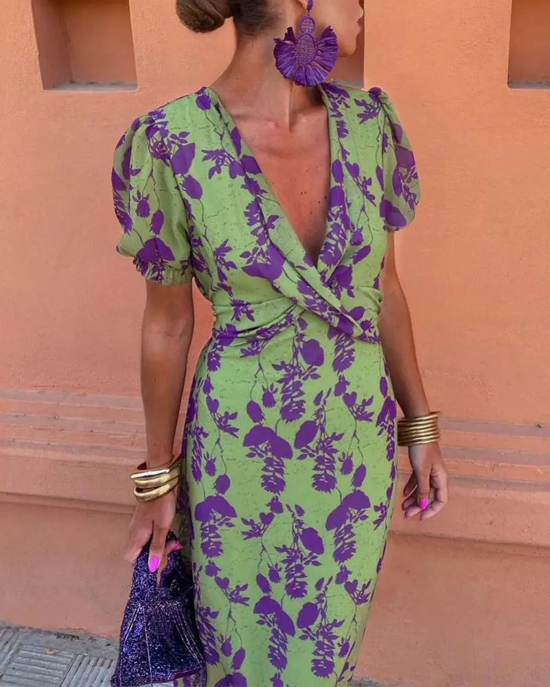 Angelina - Stunning V-Neck Midi Dress - V-Neck Midi Dress