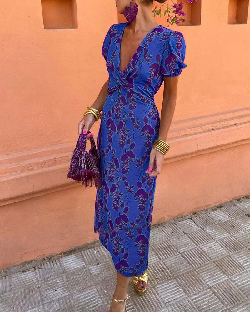 Angelina - Stunning V-Neck Midi Dress - Blue / S - V-Neck Midi Dress