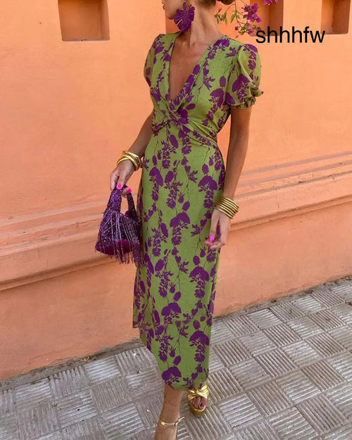 Angelina - Stunning V-Neck Midi Dress - Green / S - V-Neck Midi Dress