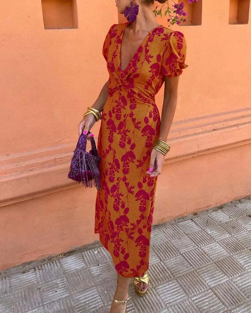 Angelina - Stunning V-Neck Midi Dress - Orange / S - V-Neck Midi Dress