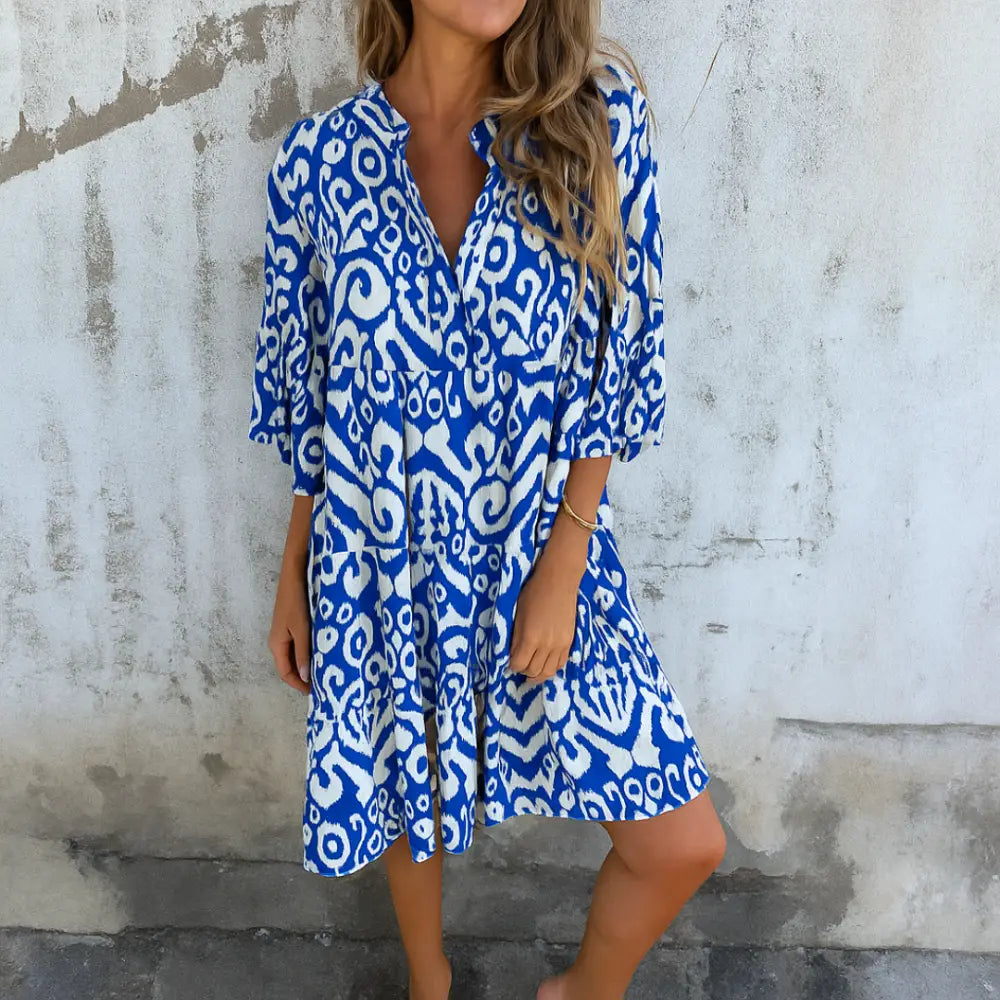 AVA – VIBRANT ESCAPE TUNIC DRESS - Blue / S - MIDI DRESS