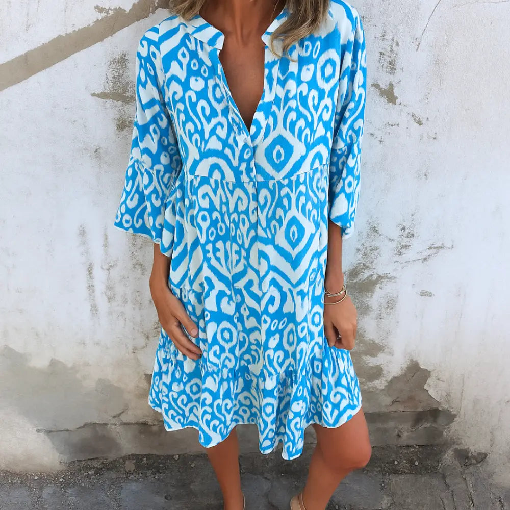 AVA – VIBRANT ESCAPE TUNIC DRESS - Light Blue / S - MIDI DRESS