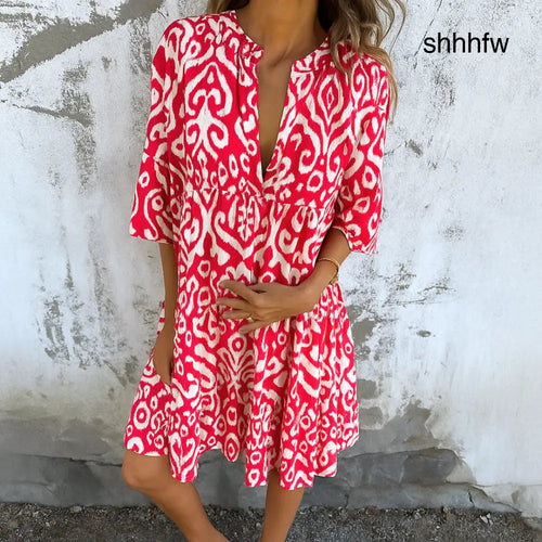 AVA – VIBRANT ESCAPE TUNIC DRESS - Red / S - MIDI DRESS
