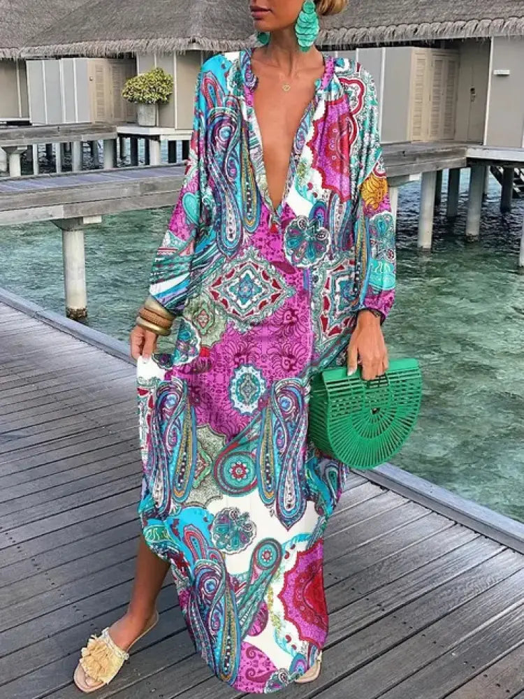 Bea - V Neck Maxi Dress - Blue/Pink / S (8-10) - maxi dress