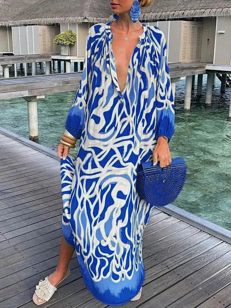 Bea - V Neck Maxi Dress - Blue / S (8-10) - maxi dress