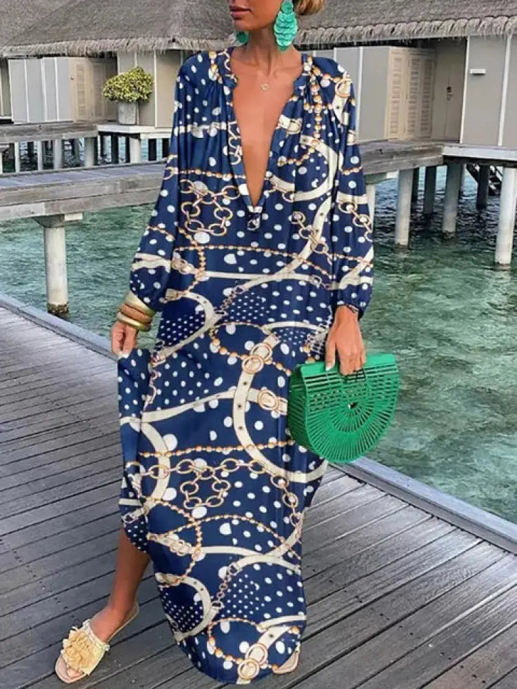 Bea - V Neck Maxi Dress - Dark Blue / S (8-10) - maxi dress