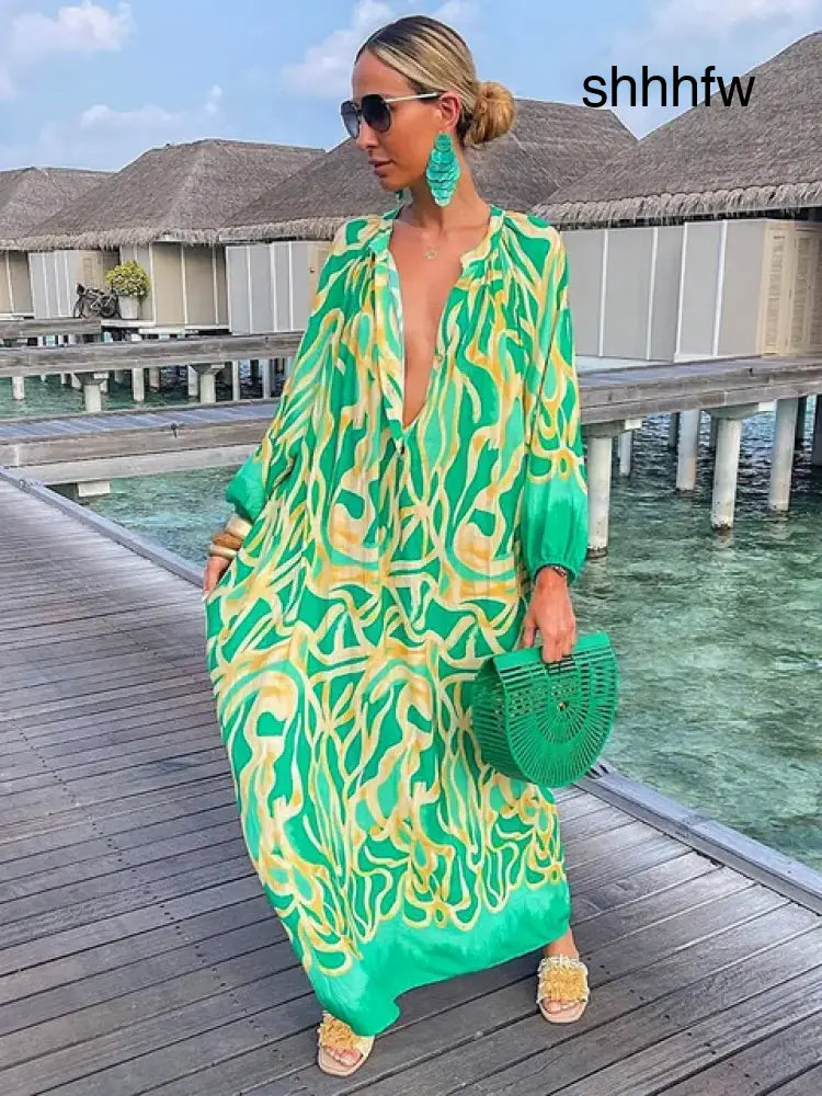 Bea - V Neck Maxi Dress - Green / S (8-10) - maxi dress