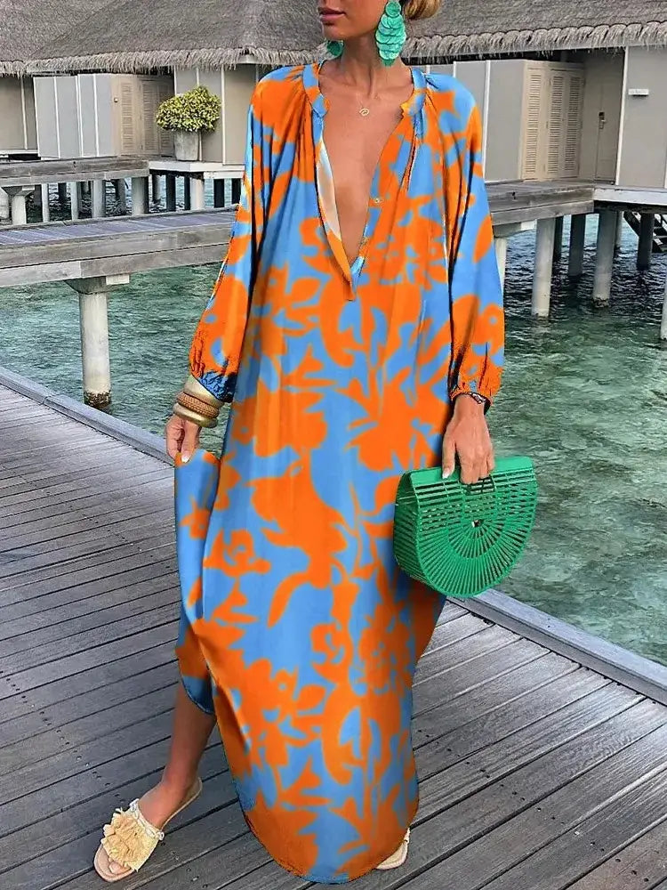 Bea - V Neck Maxi Dress - Orange / S (8-10) - maxi dress