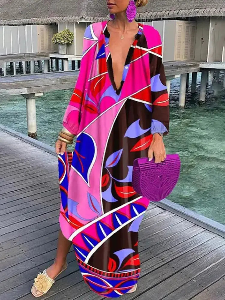 Bea - V Neck Maxi Dress - Pink - 1 / S (8-10) - maxi dress