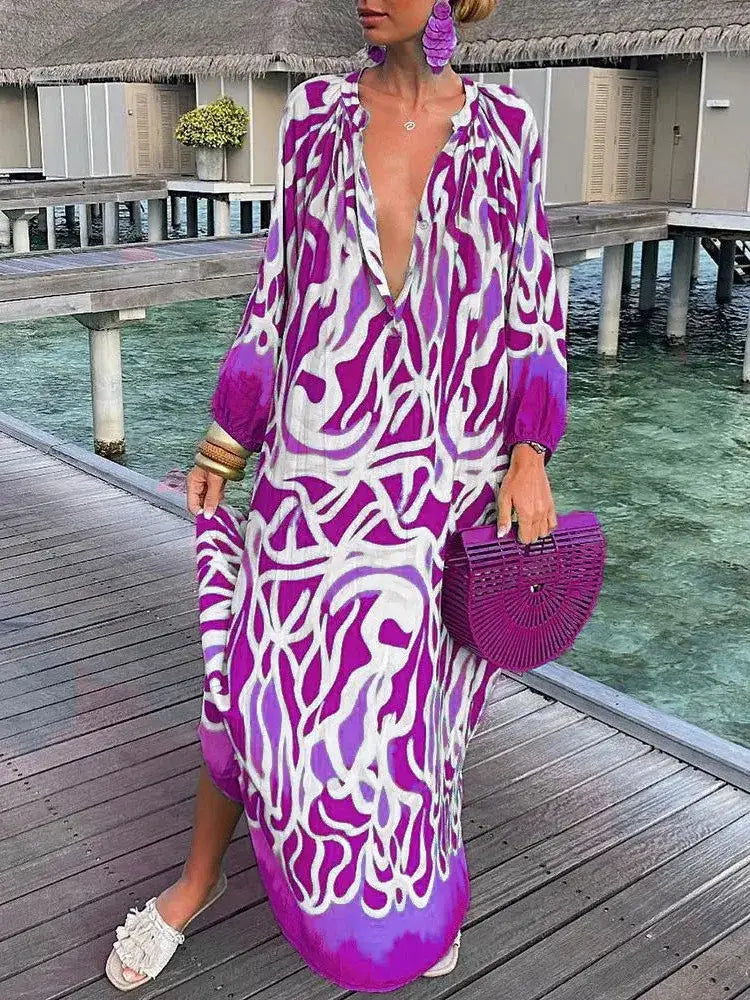 Bea - V Neck Maxi Dress - Purple / S (8-10) - maxi dress