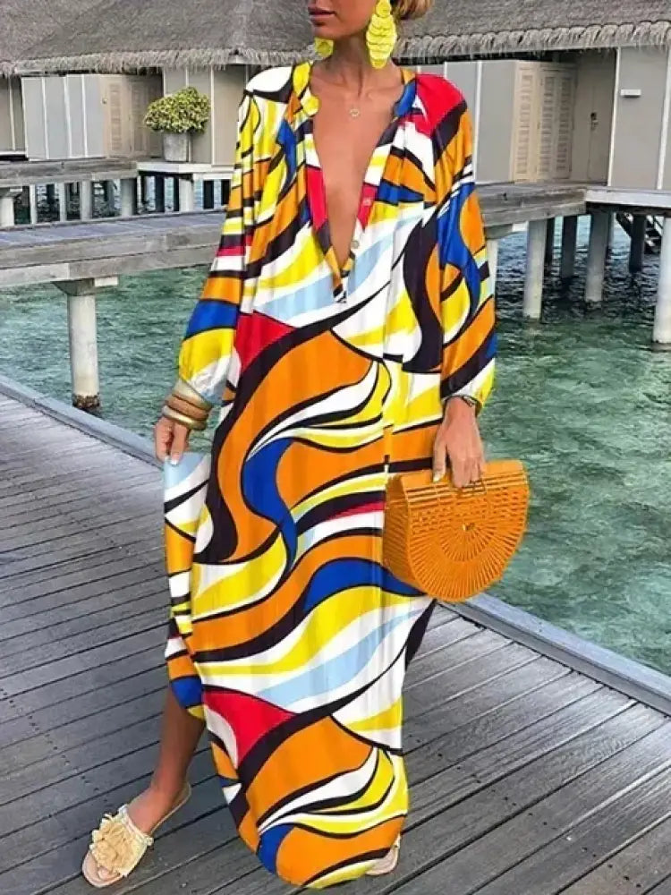 Bea - V Neck Maxi Dress - Yellow / S (8-10) - maxi dress