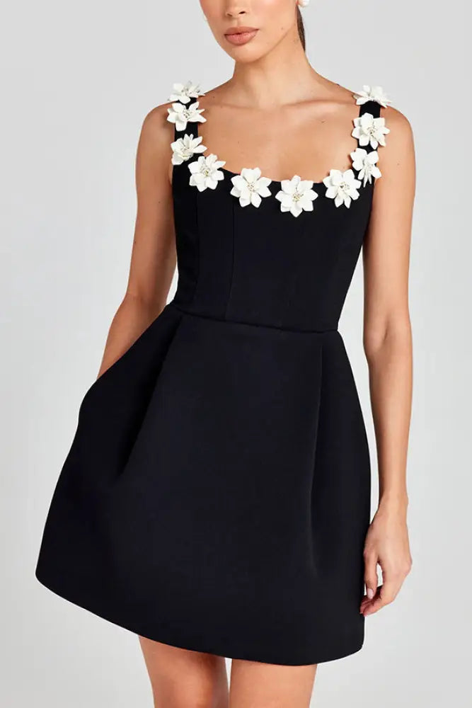 Cindy | Feminine Mini Dress with Floral Applications - Black and white / S - MINI DRESSES