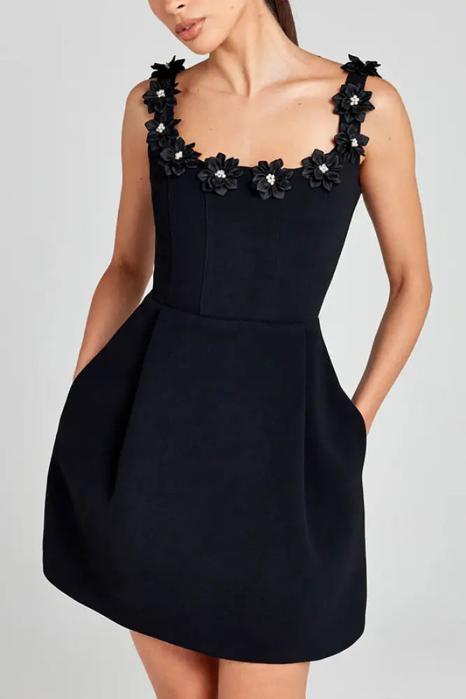 Cindy | Feminine Mini Dress with Floral Applications - Black / S - MINI DRESSES