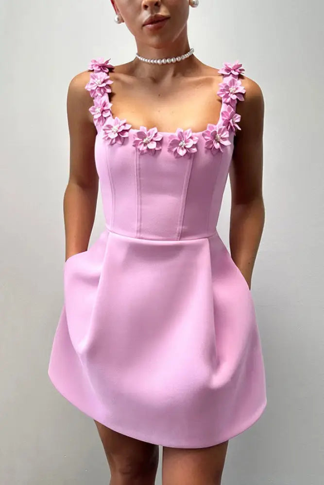 Cindy | Feminine Mini Dress with Floral Applications - MINI DRESSES