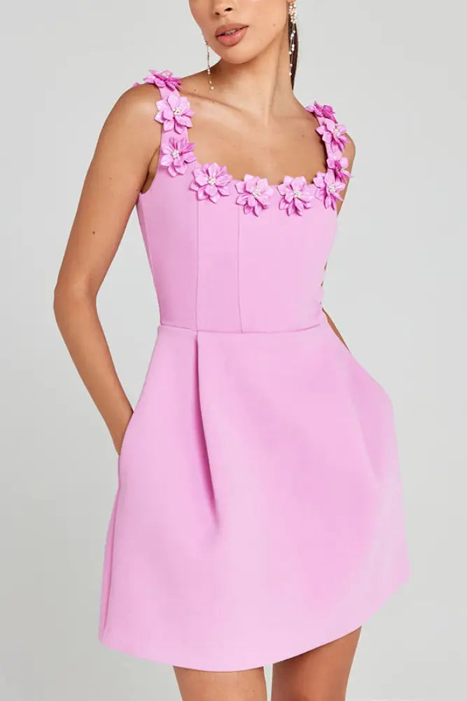 Cindy | Feminine Mini Dress with Floral Applications - Pink / S - MINI DRESSES