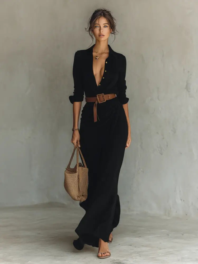 DANIELLE – ELEGANT BELTED MAXI SHIRT DRESS - Black / XS - Maxi Dress