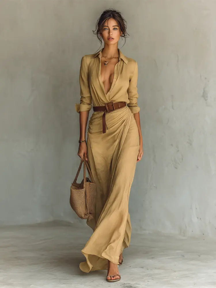 DANIELLE – ELEGANT BELTED MAXI SHIRT DRESS - Khaki / XS - Maxi Dress