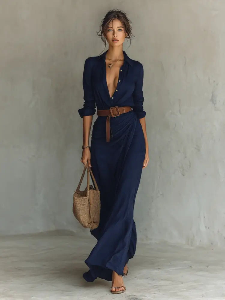 DANIELLE – ELEGANT BELTED MAXI SHIRT DRESS - Navy Blue / XS - Maxi Dress