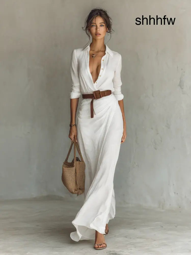 DANIELLE – ELEGANT BELTED MAXI SHIRT DRESS - White / XS - Maxi Dress