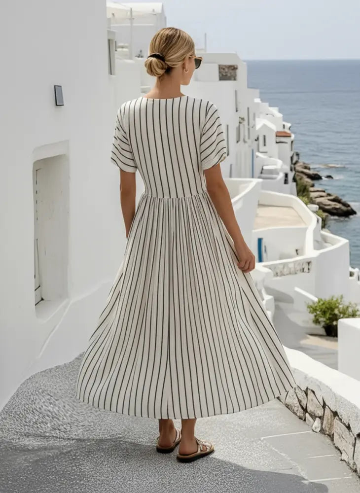 Elegant cross-waist linen dress - Linen Dress