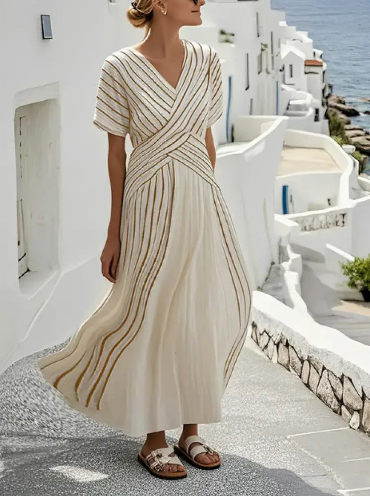 Elegant cross-waist linen dress - Beige / XS - Linen Dress