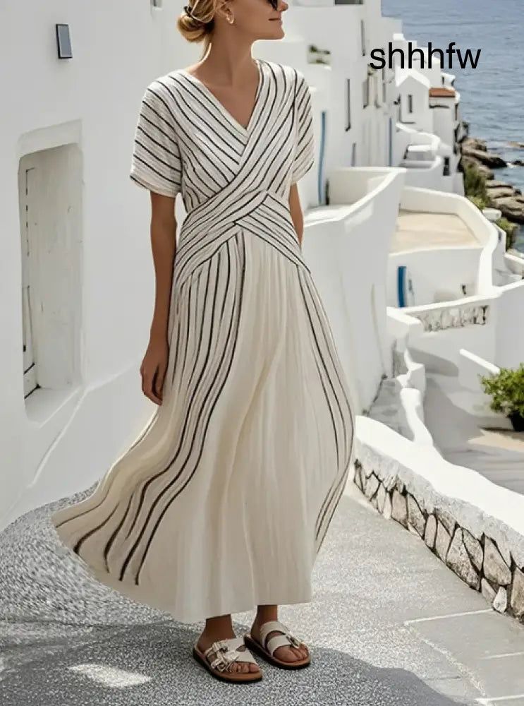 Elegant cross-waist linen dress - Black / XS - Linen Dress