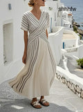 Elegant cross-waist linen dress - Black / XS - Linen Dress