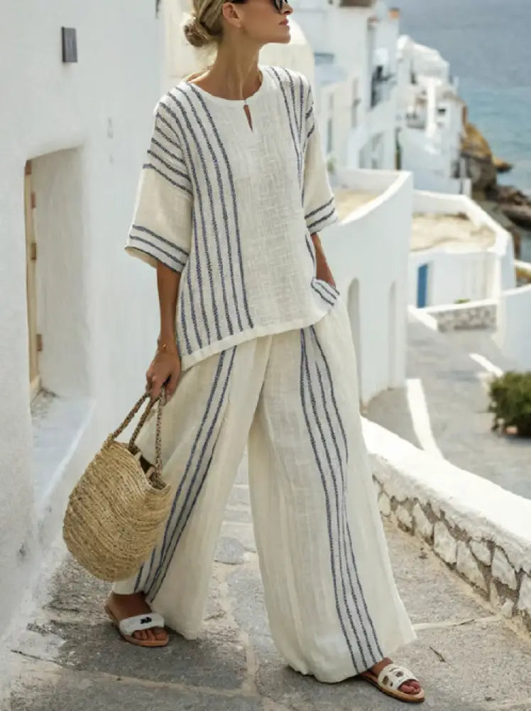 Elegant two-piece linen set - Blue / XS - Conjunto de dos piezas