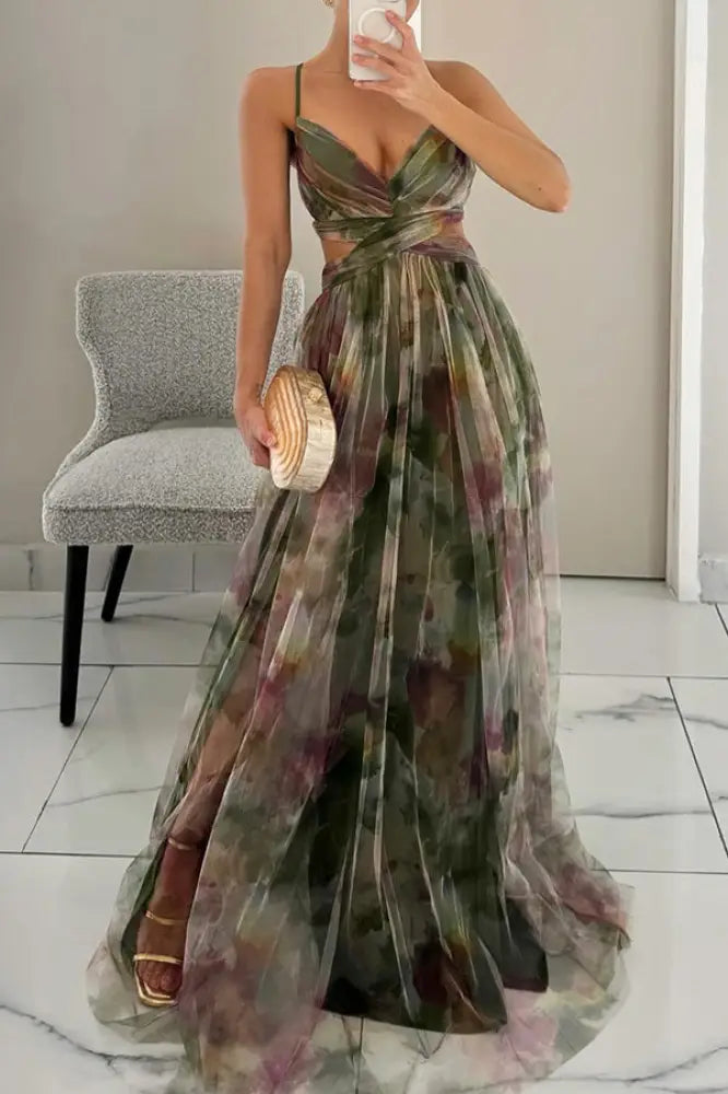 Giselle - Enchanting Floral Print Maxi Dress - Green / S - Maxi Dress