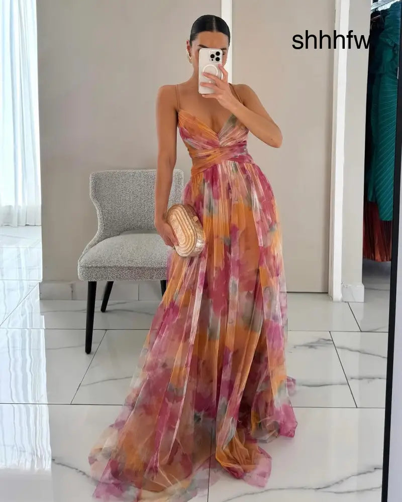 Giselle - Enchanting Floral Print Maxi Dress - Orange / S - Maxi Dress
