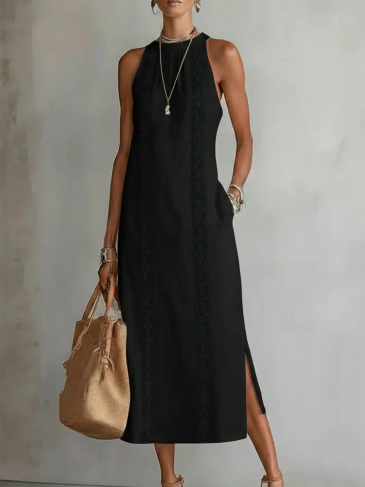 Jimena™ | Linen Midi Dress with Mandarin Collar - Black / S - Dresses