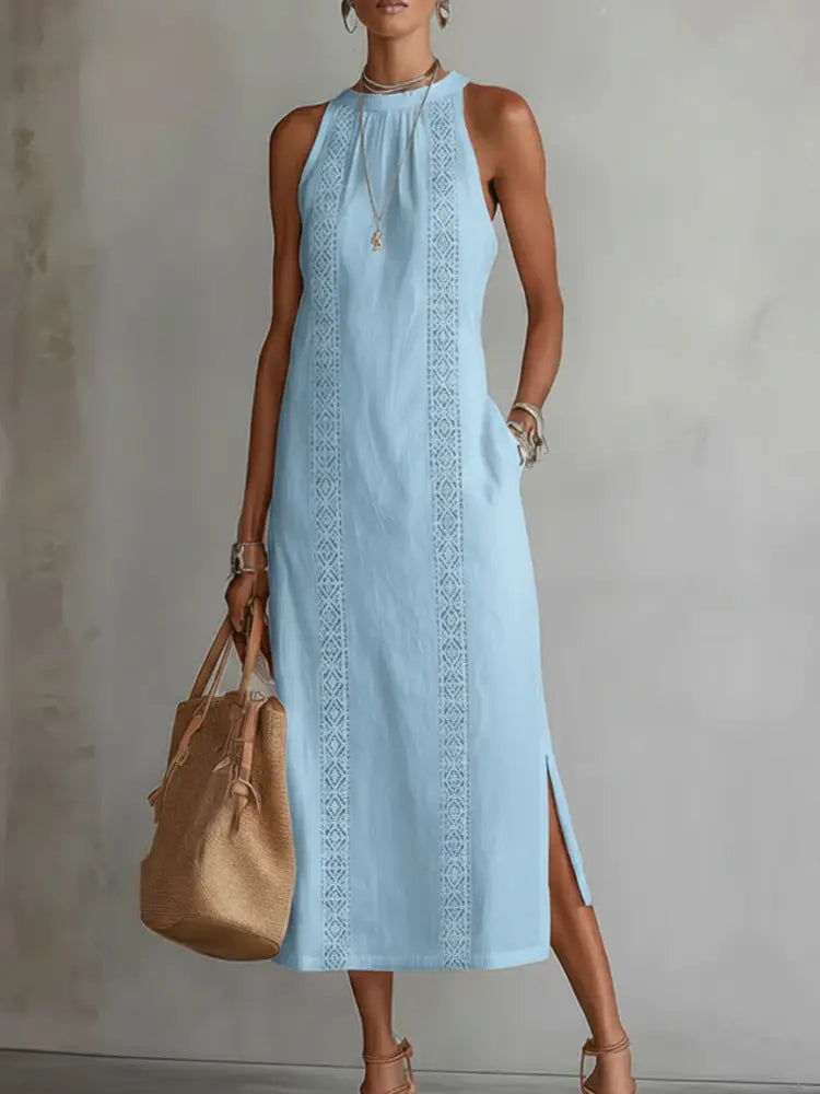 Jimena™ | Linen Midi Dress with Mandarin Collar - Blue / S - Dresses