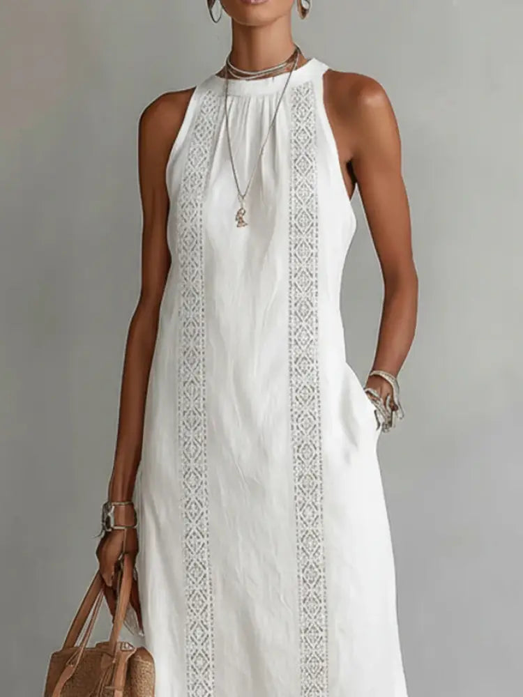 Jimena™ | Linen Midi Dress with Mandarin Collar - Dresses