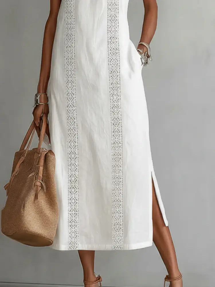 Jimena™ | Linen Midi Dress with Mandarin Collar - Dresses
