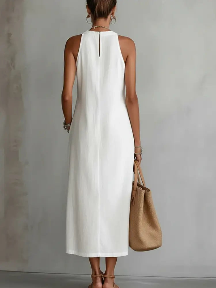 Jimena™ | Linen Midi Dress with Mandarin Collar - Dresses