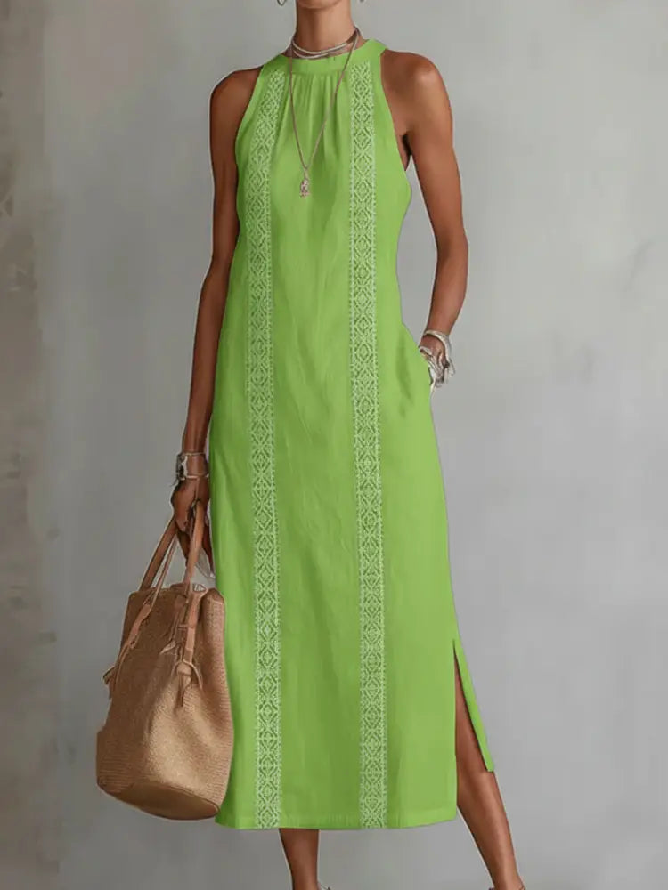 Jimena™ | Linen Midi Dress with Mandarin Collar - Green / S - Dresses