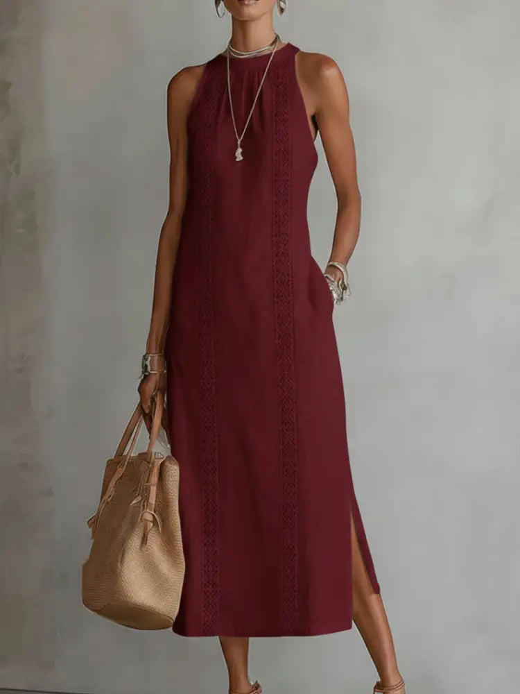 Jimena™ | Linen Midi Dress with Mandarin Collar - Red / S - Dresses