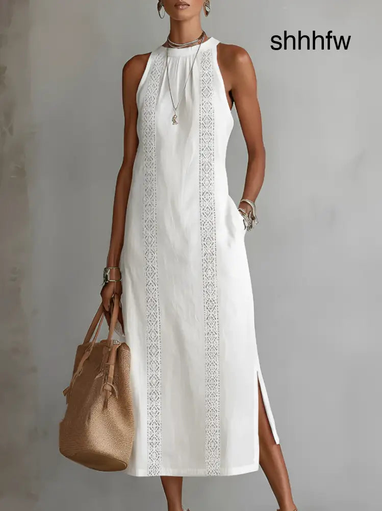 Jimena™ | Linen Midi Dress with Mandarin Collar - White / S - Dresses
