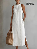 Jimena™ | Linen Midi Dress with Mandarin Collar - White / S - Dresses