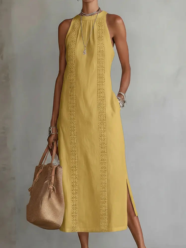 Jimena™ | Linen Midi Dress with Mandarin Collar - Yellow / S - Dresses