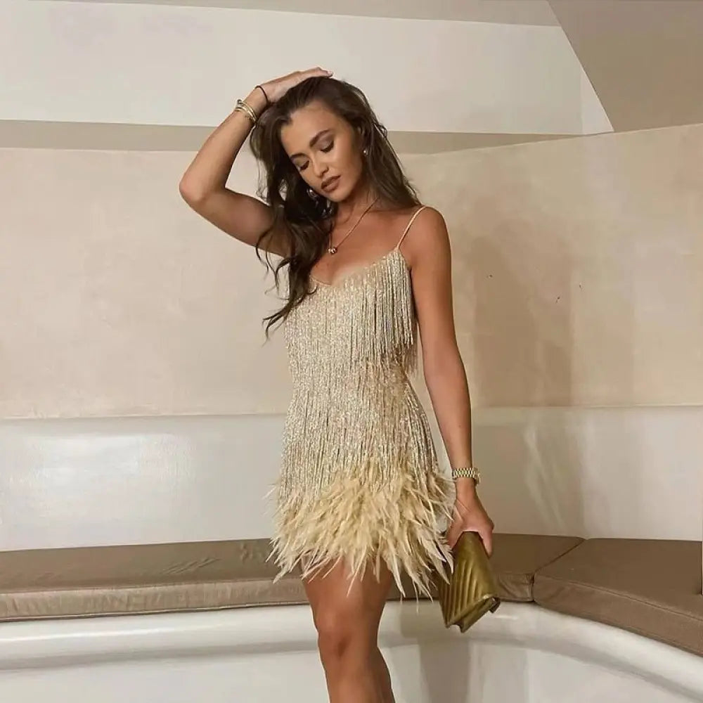 JOYCEL - MODERN FEATHERED PARTY DRESS - Gold / S - Dress