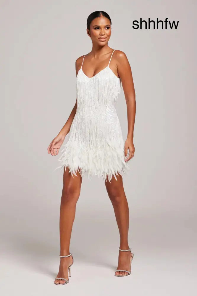 JOYCEL - MODERN FEATHERED PARTY DRESS - White / S - Dress