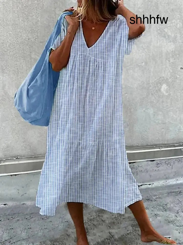 LIANA – BREEZY V-NECK STRIPED MIDI DRESS - Blue / XS - MIDI DRESS